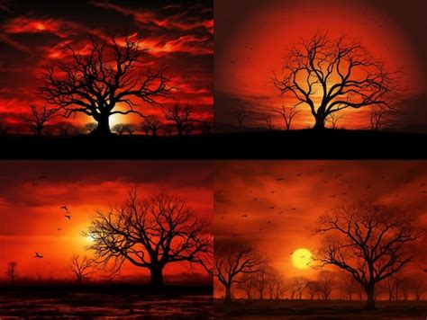 Premium Ai Image Burning Tree Silhouettes Against Fiery Sunset Sky