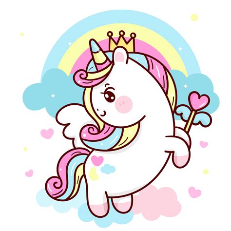 Cute Unicorn Vector Princess Pegasus Holding Heart Magic Wand On