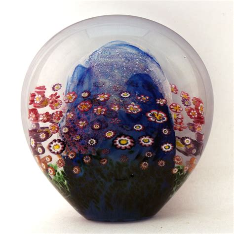 Art Glass Paperweight Flattened Paperweight With Dichroic Glass And Hand Formed Millefiore