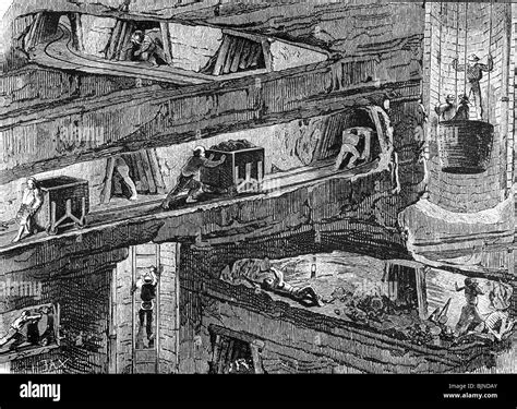 Mining Mine 19th Century Cross Section Wood Engraving Shaft Stock