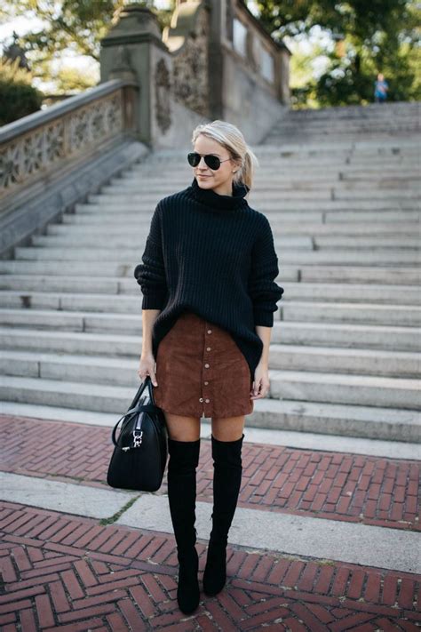 over the knee boots styled snapshots chunky sweater outfit miniskirt outfits suede skirt
