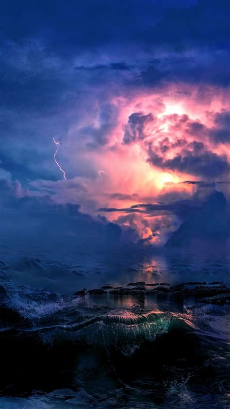 Storm Sea Waves Clouds Lightning Photoshop 1080x1920 Wallpaper