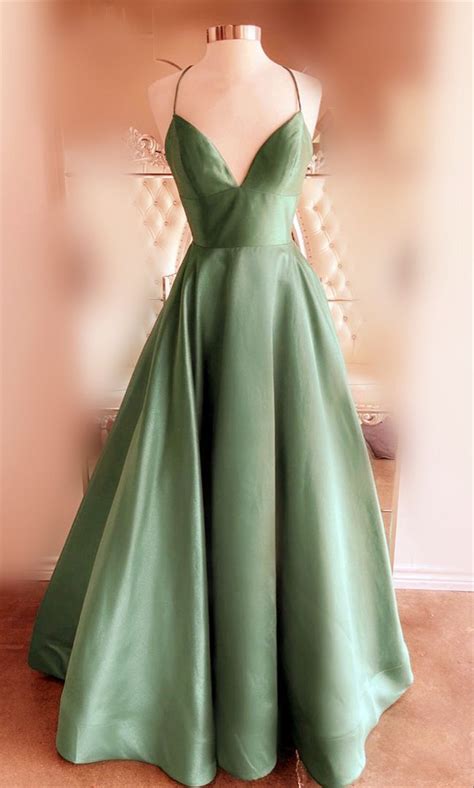 Ball Gown Prom Dresses Satin Plunge Neck In 2021 Green Prom Dress