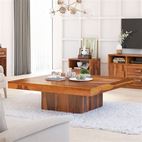 Brocton Rustic Solid Wood Large Square Coffee Table With Pedestal