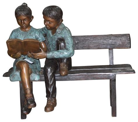 Boy And A Girl On Bench Reading Book Bronze Statue Size 43l X 20w