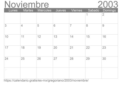 Calendario Noviembre 2003 De México En Español Festivos Y Fase Lunar