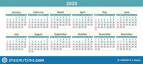 Calendar 2020 Week Starts From Sunday Business Template Vector
