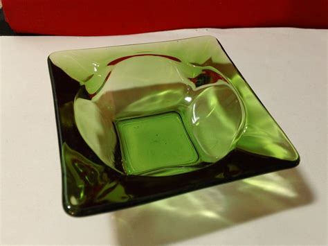 Vintage 3 5 Square Green Colored Glass Ashtray