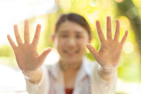 Closeup Happy Woman Showing Open Palm Two Bare Hand 10 Fingers Help Support Giving Volunteer