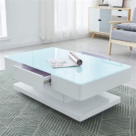 Ofcasa White High Gloss Coffee Table For Living Room With Storage 2 Drawer Rectangle Glass