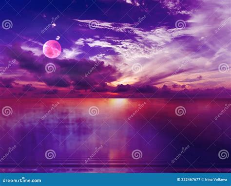 Dramatic Cloudy Sky Pink Moon On Sunset Nebula Lilac Pink Sea Water Reflection Sunlight Evening
