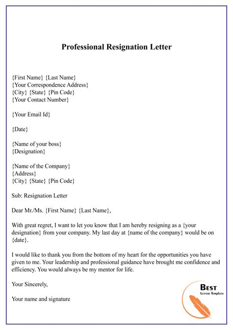 Professional Resignation Letter Template Word Sample Resignation Letter