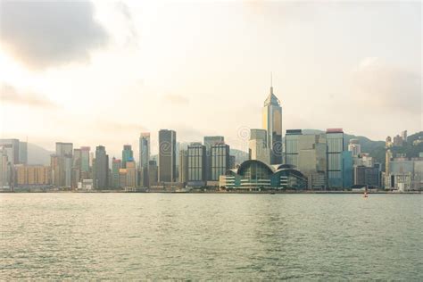 Panorama Landmark Skyscraper Buildings At Victoria Harbor In Hong Kong