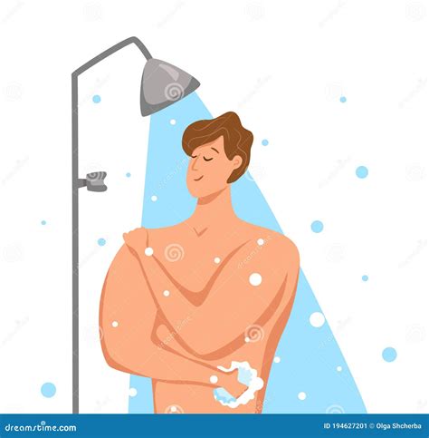 Hombre Tomando Ducha En El Baño Ilustración Vectorial Del Tipo Feliz Lavándose Con Champú Y