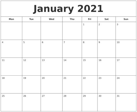 January 2021 Calendar Printable Printable World Holiday
