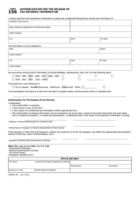 Fillable Form 156 Maryland Authorization For The Release Of Tax