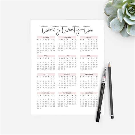 2022 Yearly Calendar Year At A Glance Calendar Blush Pink Etsy Australia