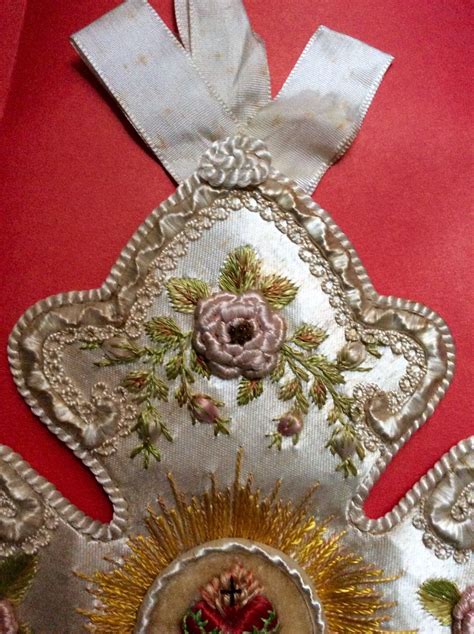 Antique Rare Beautiful Sacred Heart Silk Embroidery Scapular 1750s