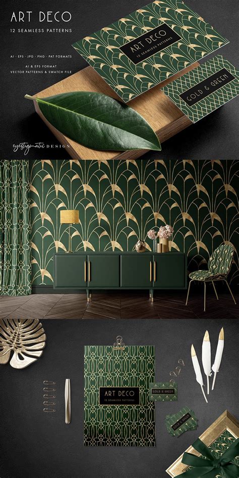 Seamless Art Deco Patterns Gold Green Patterns