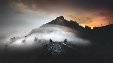 Download Mountain Railroad Mist Evening 2560x1440 Wallpaper Dual