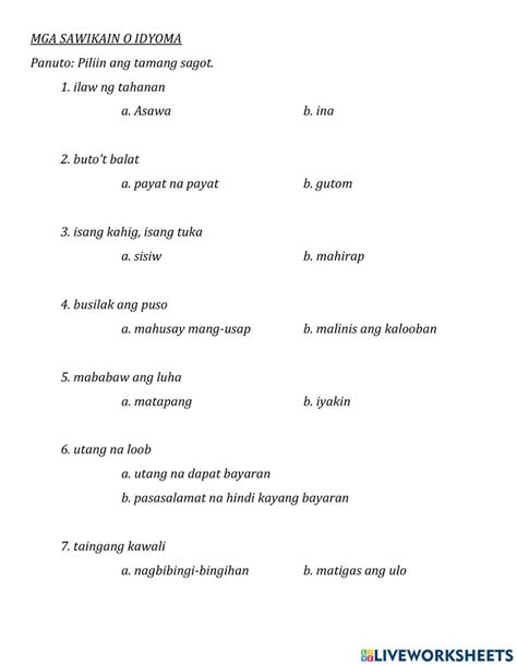 Idyoma O Sawikain Worksheet Live Worksheets