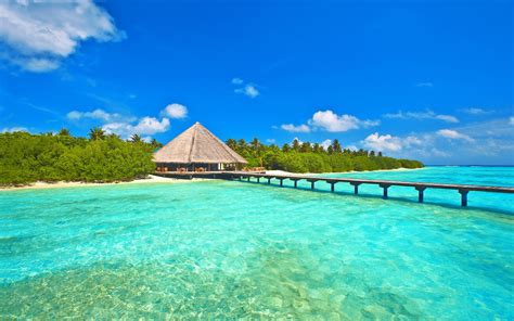 Maldives Sky Sea Ocean Island Palm Trees Bungalows Bridge Pier