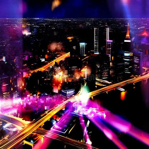 Night City Panorama Blurred Neon Light Modern Buildings And Traffic