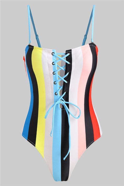 Lace Up Rainbow Color One Piece Swimsuit One Piece One Piece