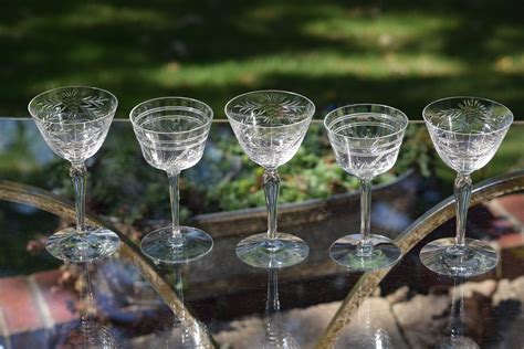 Vintage Etched Crystal Wine ~ Liquor Glasses Set Of 5 Mis Matched 3