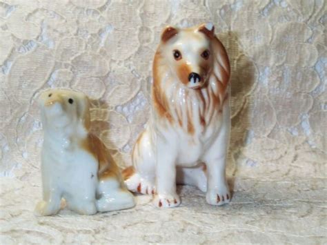 Vintage Collie Lassie Mother Puppy White Brown Dog Miniature Porcelain