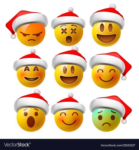 Christmas Smiley Face Emojis Or Yellow Emoticons In Glossy 3d Realistic