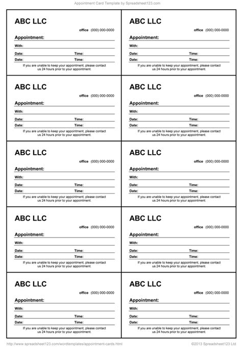 Appointment Card Template For Word