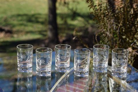 6 Vintage Etched Lowball Glasses Set Of 6 Glasses Vintage Etched 5 Oz Lowball Whiskey Glasses