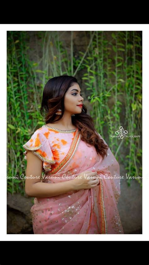 Pair this gorgeous and minimalist embroidered peach boat neck design blouse with a georgette saree!. Boat neck blouse with ruffle sleeves... | Designer saree ...