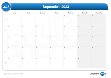 Calendrier Septembre 2023