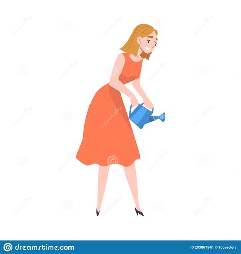 Woman Watering Tree And Plants In The Garden Vector Illustration Stock