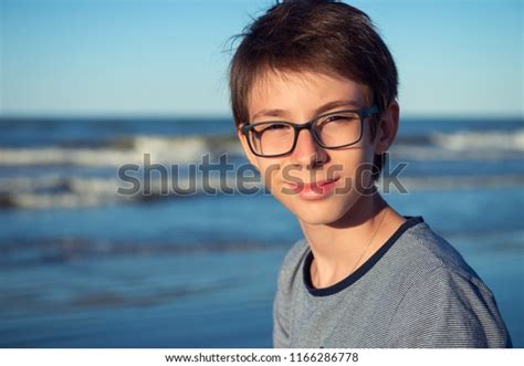 Young Boy Posing At The Summer Beach Cute Spectacled Smiling Happy 12