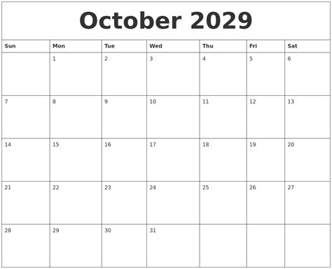 October 2029 Calendar For Printing