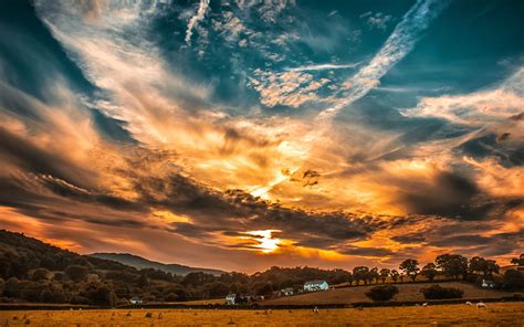 Download Wallpaper 3840x2400 Sunset Sky Clouds Field