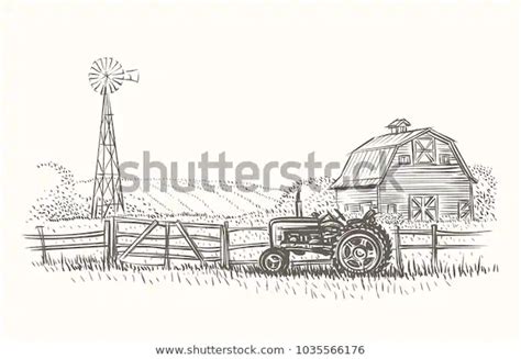 Rustic Farm Landscape Hand Drawn Illustration Stock Vector Royalty