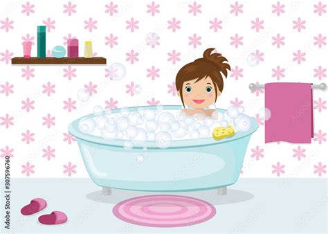 Cute Brown Haired Young Girl Taking Bath With Bubbles Bathroom