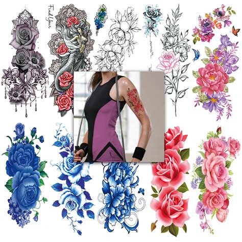 10 Sheets Large Rose Peony Flowers Temporary Tattoo Sleeves For Women