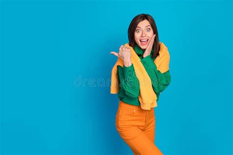 Photo Of Astonished Positive Overjoyed Lady Wear Trendy Outfit Arm
