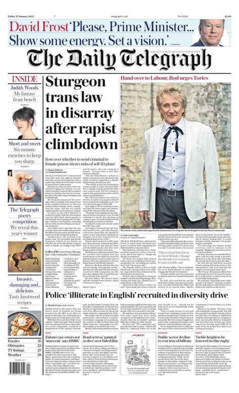 Daily Telegraph Front Page 27th Of January 2023 Tomorrow S Papers Today