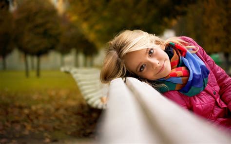 Fall Women Blonde Scarf Bench Looking At Viewer Face Women
