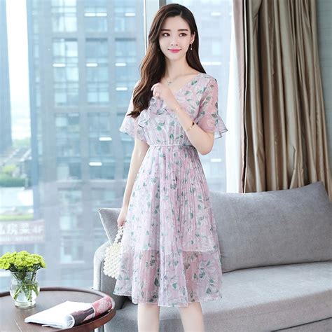 Gefanshi Korean Style Casual Short Sleeve V Neck Slim Print Dress
