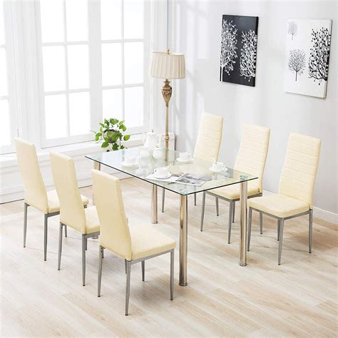 Mecor 7 Piece Kitchen Dining Set Glass Top Table With 6 Leather Chairs Breakfast Furniture
