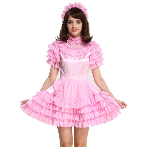 Gocebaby Lockable Sissy Maid Satin Pink Puffy Dress Cosplay Costume On