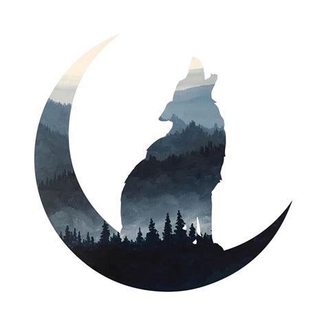 Mountain Forest Landscape Wolf Howling To The Moon Silhouette Design By