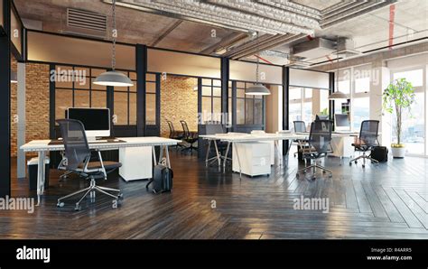 Modern Office Interior Design Loft Concept 3d Rendering Stock Photo